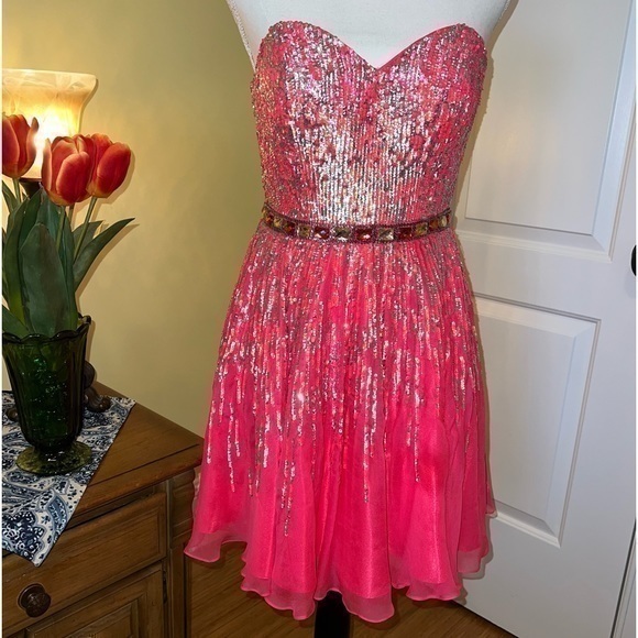 Sherri Hill Hot Pink Sequined Strapless Mini Party Gown with Jeweled Waistline - Picture 1 of 10